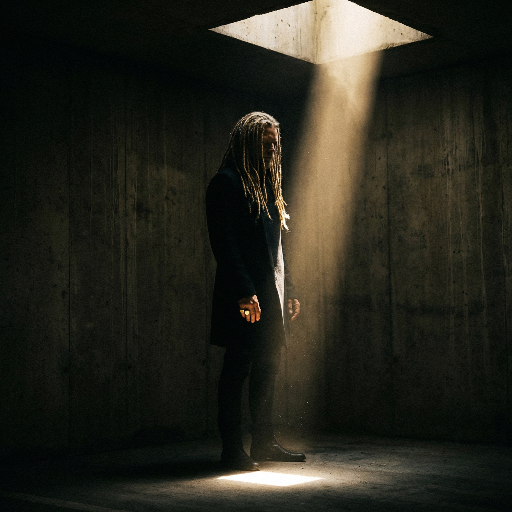 The Feral Pharaoh in a brutalist chamber, light pouring from a diamond opening above.
